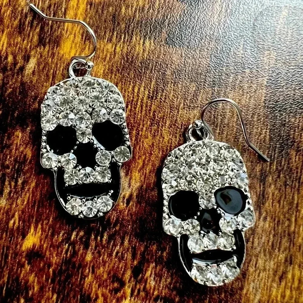 Skull rhinestone & black dangly earrings